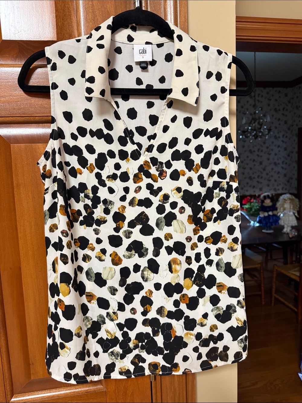 CAbi Cream Sleeveless Collared Top with Black & Gold Spot Print